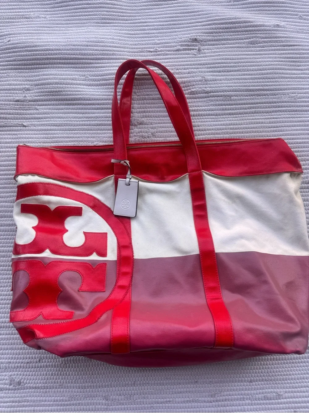 Tory Burch Ella Tote Red Canvas Beach Travel Bag Large Fair Condition